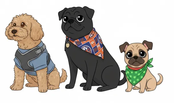 Illustration of the FourLeaf store dogs